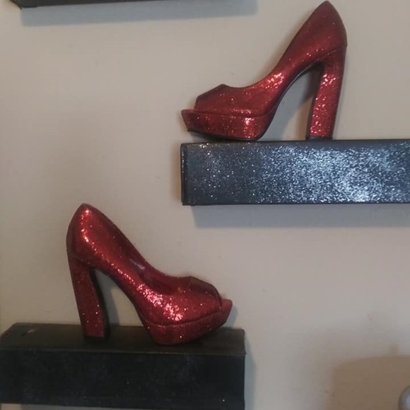 Shully's Shoes - SHULLY'S RED GLITTER OPEN TOE PLATFORM HIGH HEELS